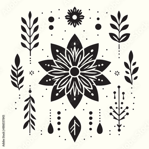 Boho Flower Decoration Elements Silhouette Vector Illustration