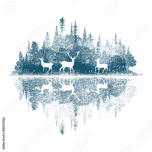 Forest reflected in the lake, deer in the forest, vector sketch, imitation of a pencil drawing