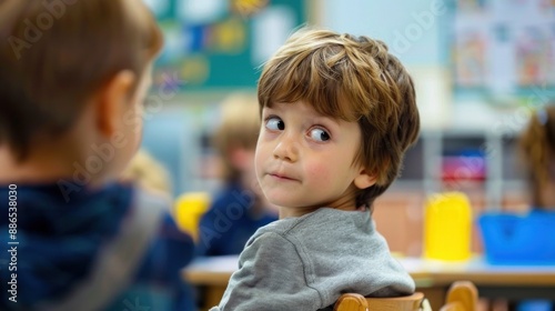 Child listening attentively to a teacher in a classroom