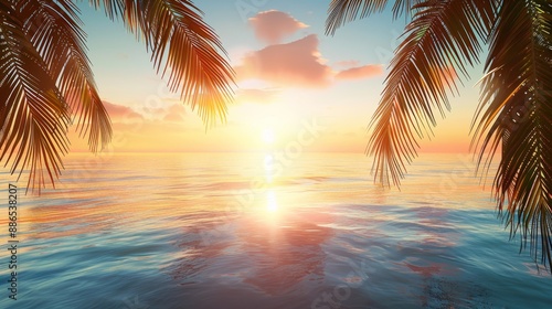 Serene Tropical Sunset Between Palm Leaves Over Ocean Waves