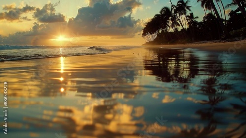 Tropical Beach Sunset with Reflection on Water and Palm Silhouettes