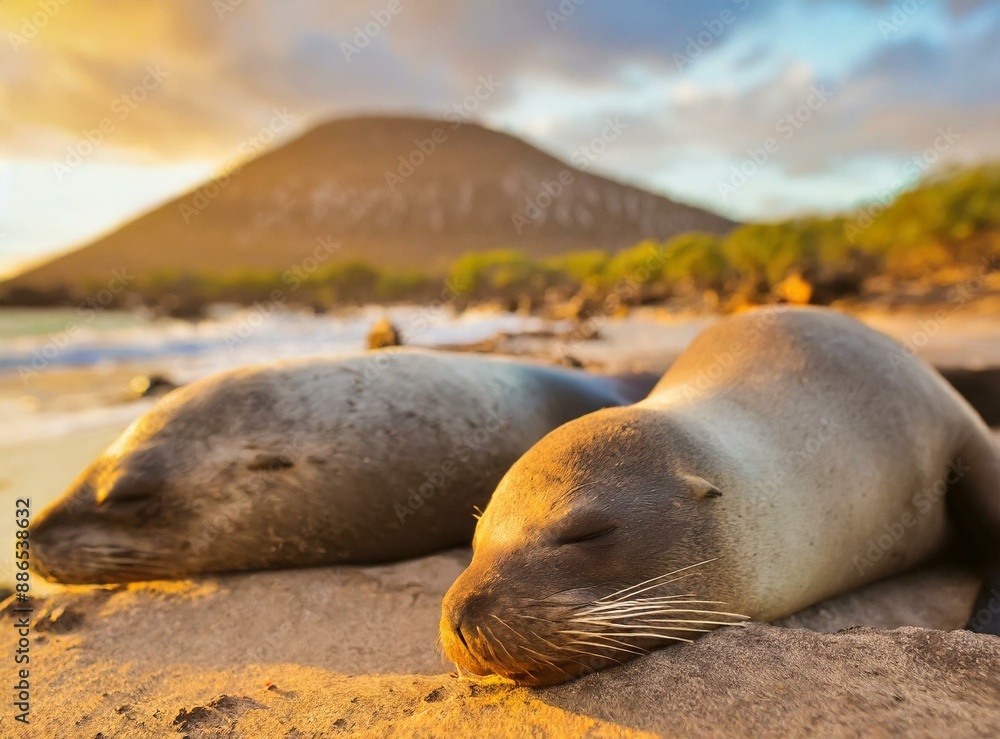 Fototapeta premium Ecuador. The Galapagos Islands. Seals are sleeping on the beach. Beaches of the Galapagos.
