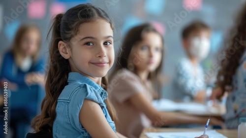 Children learning about vaccines in a health education class with minimalist background