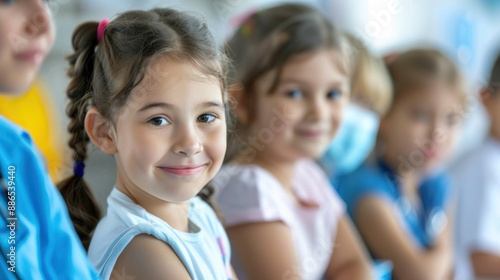 Children learning about vaccines in a health education class with minimalist background