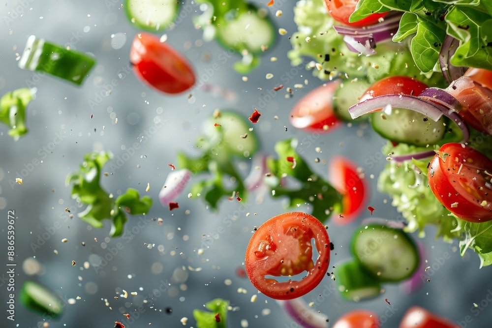 Fresh salad ingredients dancing in the air Fresh salad ingredients dancing in the air