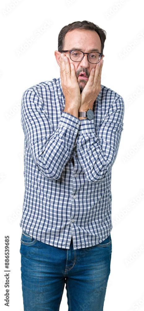 Handsome middle age elegant senior man wearing glasses over isolated background Tired hands covering face, depression and sadness, upset and irritated for problem Handsome middle age elegant senior man wearing glasses over isolated background Tired hands covering face, depression and sadness, upset and irritated for problem