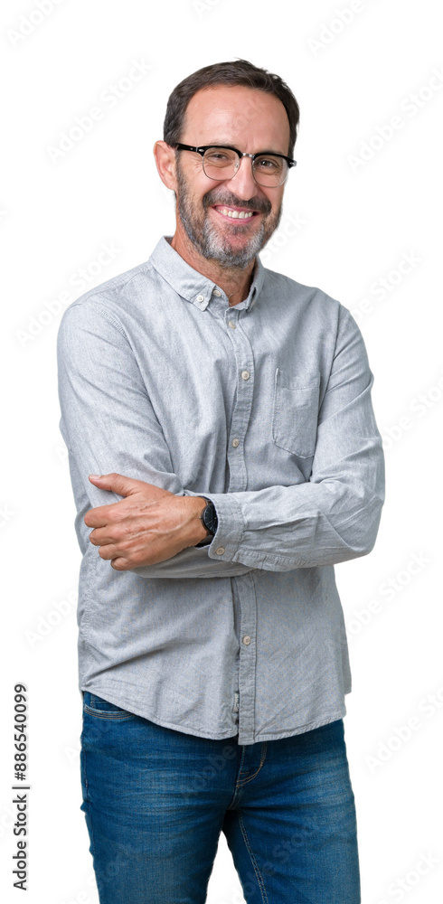 Handsome middle age elegant senior man wearing glasses over isolated background happy face smiling with crossed arms looking at the camera. Positive person. Handsome middle age elegant senior man wearing glasses over isolated background happy face smiling with crossed arms looking at the camera. Positive person.