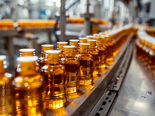 Amber Glass Bottles Moving Along a Conveyor Belt in a Manufacturing Facility