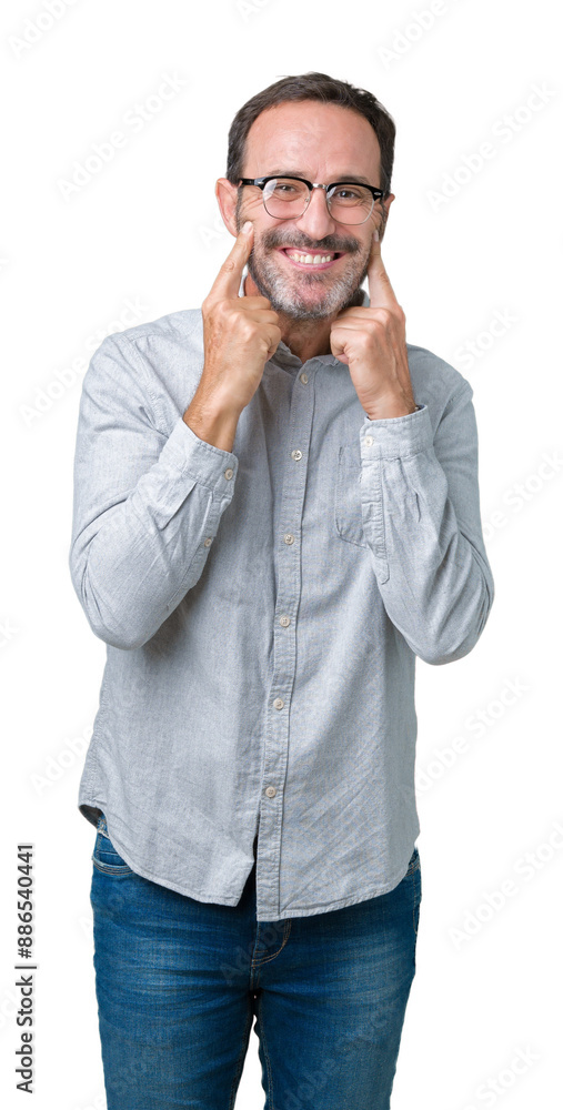 Handsome middle age elegant senior man wearing glasses over isolated background Smiling with open mouth, fingers pointing and forcing cheerful smile Handsome middle age elegant senior man wearing glasses over isolated background Smiling with open mouth, fingers pointing and forcing cheerful smile