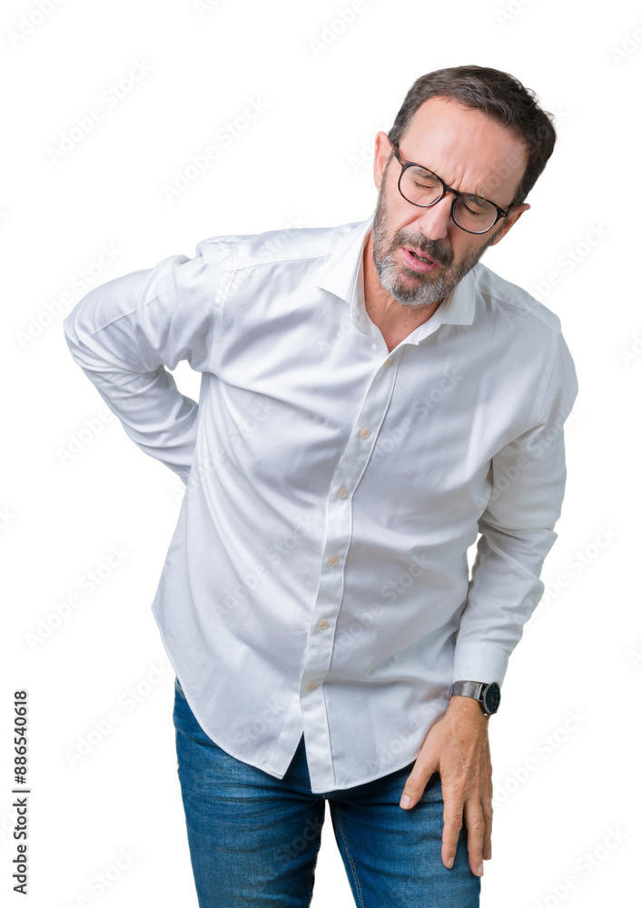 Handsome middle age elegant senior business man wearing glasses over isolated background Suffering of backache, touching back with hand, muscular pain Handsome middle age elegant senior business man wearing glasses over isolated background Suffering of backache, touching back with hand, muscular pain