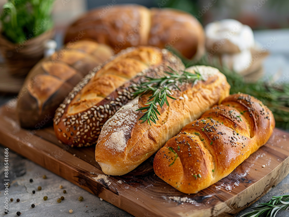 Freshly Baked Artisan Breads With Rosemary on a Wooden Cutting Board Freshly Baked Artisan Breads With Rosemary on a Wooden Cutting Board