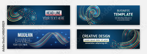 internet communication, science, big data, cover design set. Sci-fi vector sample concept. High-tech horizontal banner template. Modern banner design with technology element. Data protection,