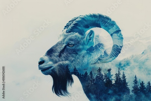 Capricorn zodiac sign with goat close up, focus on, copy space Cool and determined hues Double exposure silhouette with goat and mountains