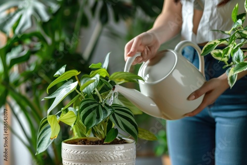 In a warm and well-lit room, a person is watering a thriving green houseplant using a white watering can, showcasing the care and love for indoor gardening and plants.