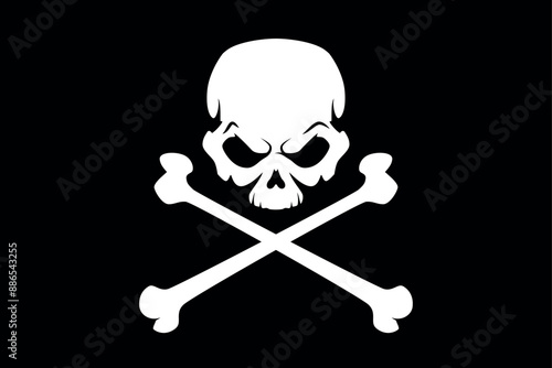 Pirate flag with skull and crossbones, illustration of human skull with crossed bones, isolated on black