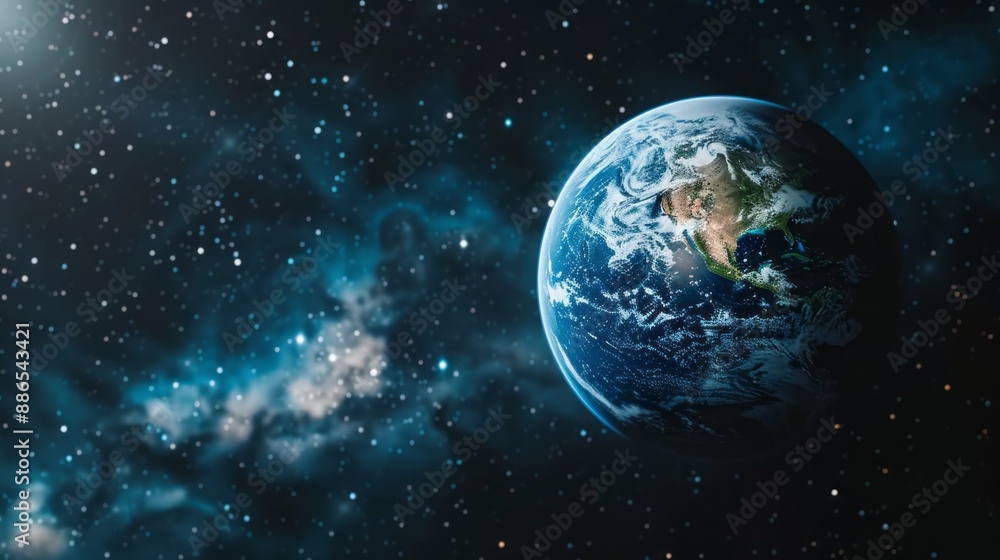 Obraz premium Earth, a vibrant blue and green sphere, floats against a backdrop of twinkling stars and a wispy nebula, highlighting the vastness of space