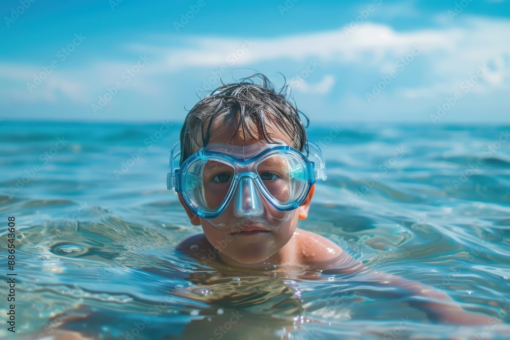 Naklejka premium A kid is depicted swimming in the ocean with blue swim goggles on a sunny day, showcasing the excitement and freshness of a summer swim in clear coastal waters.