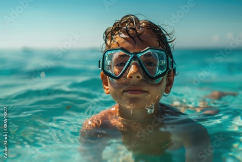 A young swimmer enjoys the ocean on a sunny day, wearing goggles in the clear, calm waters, capturing the essence of a fun and relaxing beach experience.