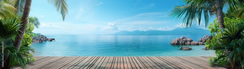 Fototapeta premium Escape to Paradise Tranquil Beach Scene with Lush Palm Trees and Crystal Clear Waters, Perfect for Relaxation and Dreamy Getaway, Sunny Oceanic Coast Ideal for a Relaxing Getaway