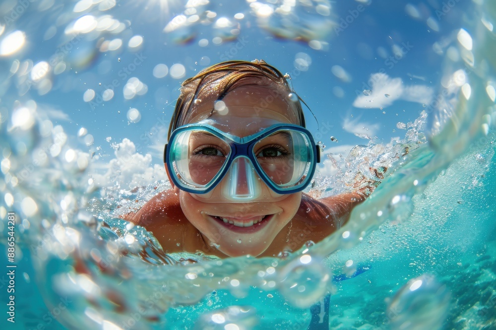 Naklejka premium A close-up view of a child underwater with protective goggles with water splashing around, capturing the excitement and joy of swimming on a bright, sunny summer day.