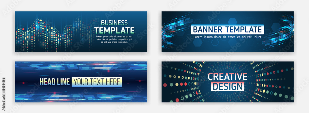 Fototapeta premium Modern banner design with technology element. Data protection, internet communication, science, big data, cover design set. Sci-fi vector sample concept. High-tech horizontal banner template.