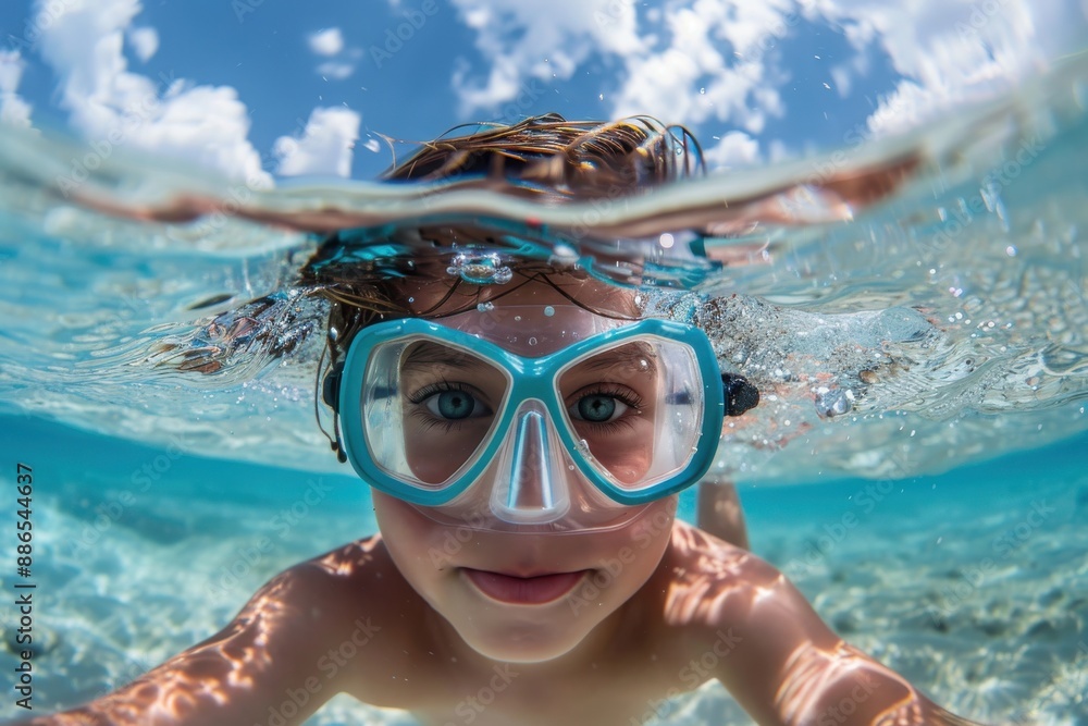 Naklejka premium A young swimmer with aqua-blue goggles is playing underwater, captured in a beautiful moment. The crystal-clear water and sunlight create a vibrant and joyful scene.