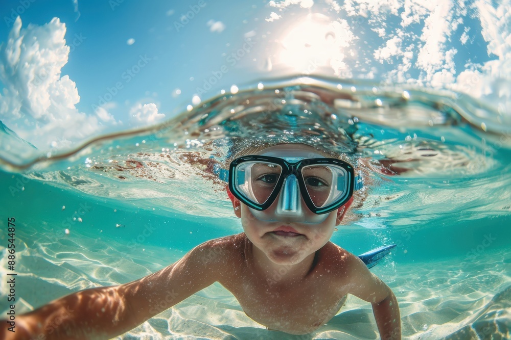 Naklejka premium A snorkeler, equipped with goggles, is pictured partially underwater in crystal clear turquoise waters on a sunny day, capturing the essence of a tropical adventure.