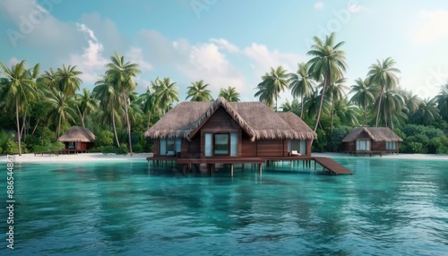 Tropical Paradise Luxurious Overwater Bungalow on a Pristine Island in an Archipelago Surrounded by Vibrant and Diverse Flora
