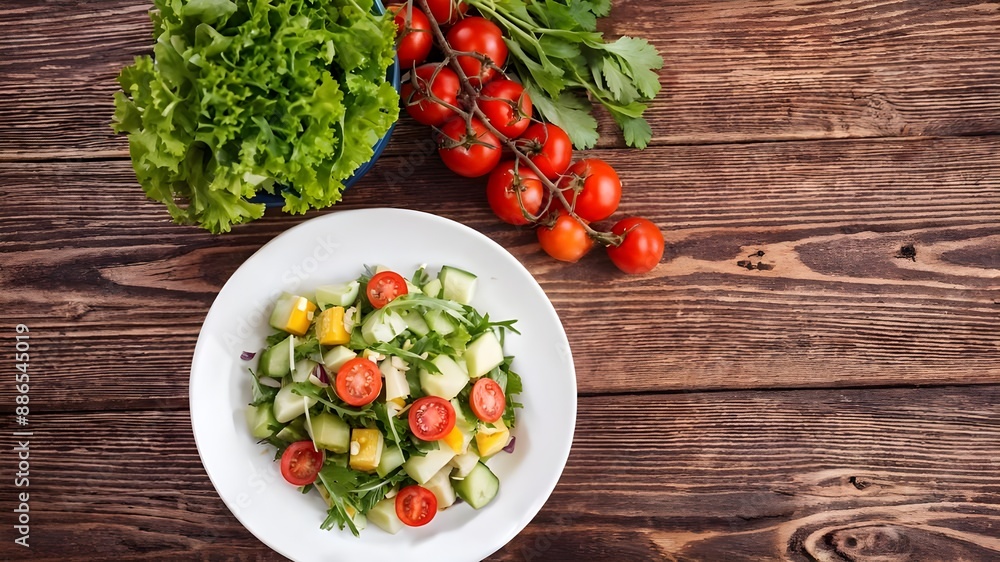 Fresh ingredients for vegetable salad and plate on wooden table. Diet food Fresh ingredients for vegetable salad and plate on wooden table. Diet food