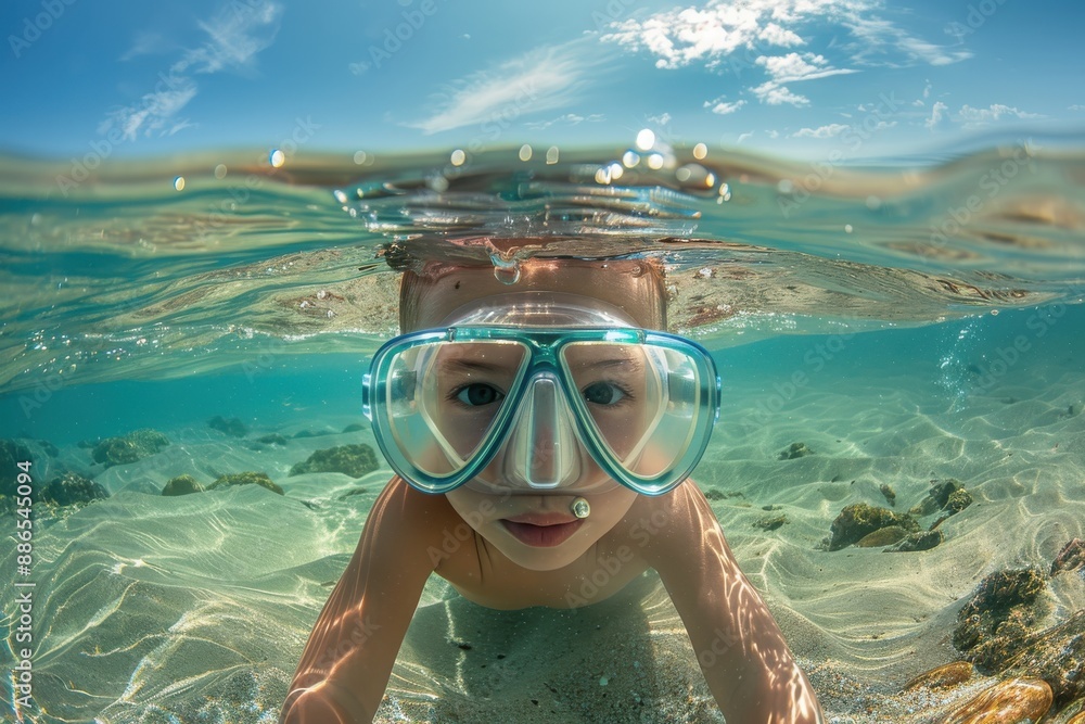 Fototapeta premium A kid swimming in crystal clear water with a focus on his goggles, enjoying a sunny day at the beach and experiencing the freedom and joy of the ocean environment.