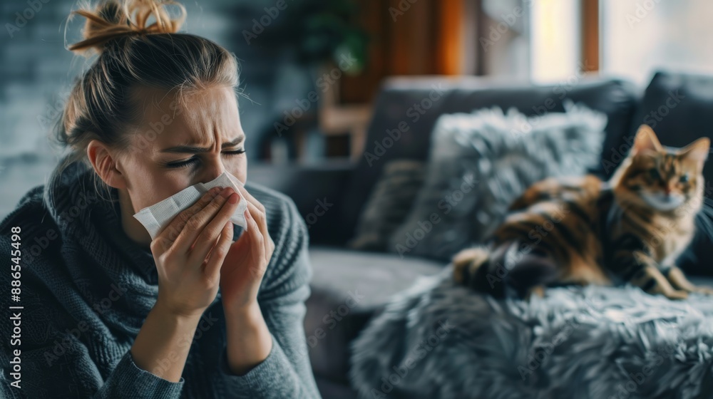 Φωτογραφία Young woman sneezing which suffering from symptoms of cat's fur allergy