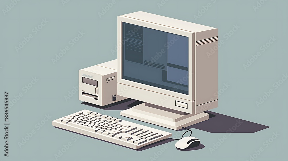 A simple vector graphic of an old desktop computer with a mouse and keyboard in an isometric view on a white background A simple vector graphic of an old desktop computer with a mouse and keyboard in an isometric view on a white background
