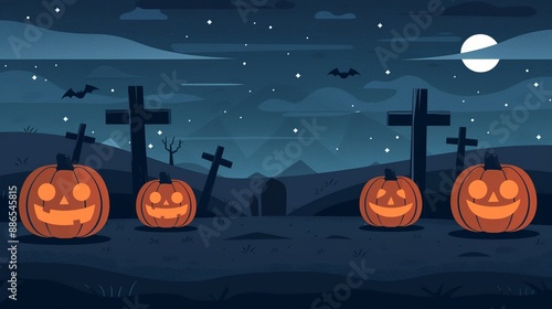 A lonely, eerie October pumpkin patch under a cloudy night sky, with enigmatic carved pumpkins glowing faintly in the dark, flat design illustration photo