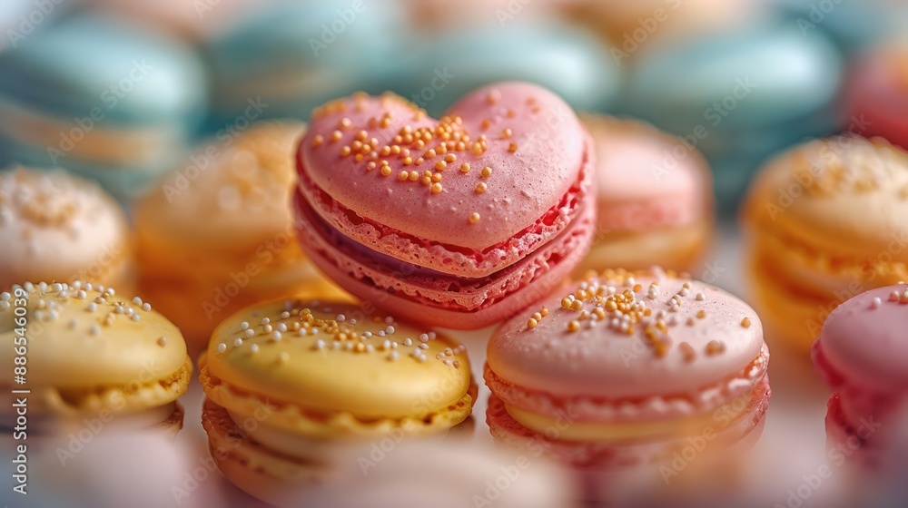 A close-up of tropical paradise macarons, with bright colors of pineapple yellow, flamingo pink, and palm green, arranged in a heart shape. The background is a soft-focus. Generative AI. A close-up of tropical paradise macarons, with bright colors of pineapple yellow, flamingo pink, and palm green, arranged in a heart shape. The background is a soft-focus. Generative AI.