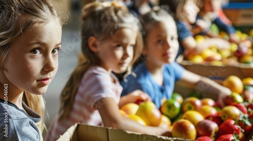 Children volunteering to pack food at a local food bank fruit on white background