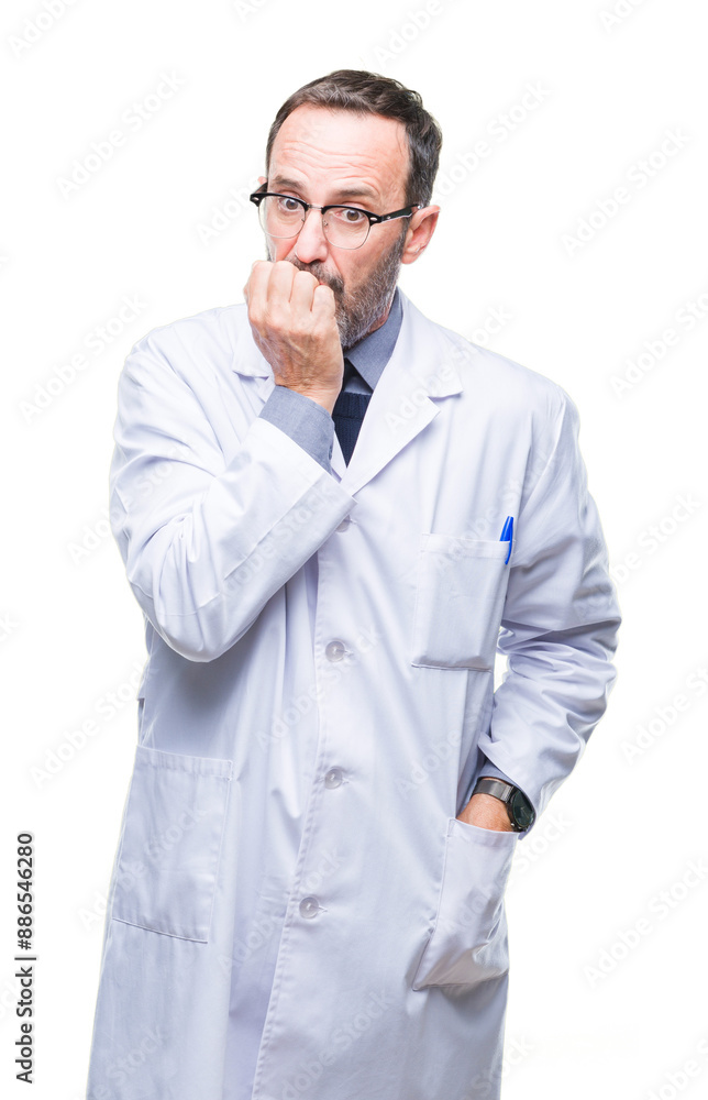 Middle age senior hoary professional man wearing white coat over isolated background looking stressed and nervous with hands on mouth biting nails. Anxiety problem. Middle age senior hoary professional man wearing white coat over isolated background looking stressed and nervous with hands on mouth biting nails. Anxiety problem.