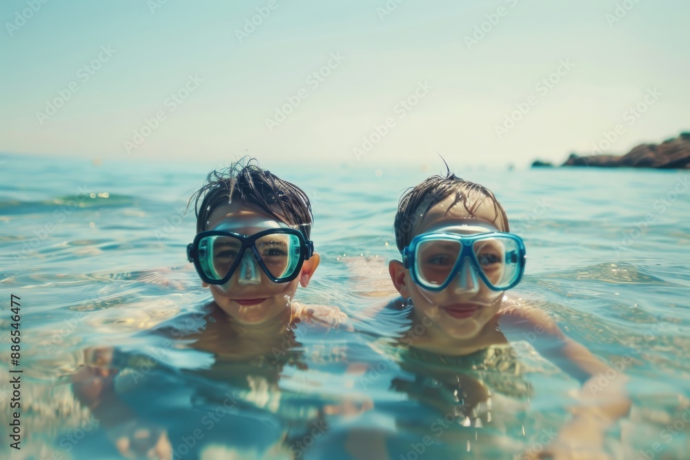 Naklejka premium Two boys are swimming together in the sea, enjoying a carefree and adventurous moment, equipped with swimming goggles and delighting in the lighthearted splashing fun.