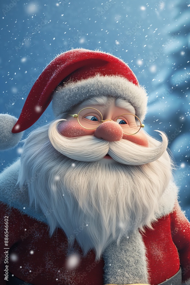 Santa smiles warmly, his eyes twinkling behind round glasses in a snowy scene Santa smiles warmly, his eyes twinkling behind round glasses in a snowy scene