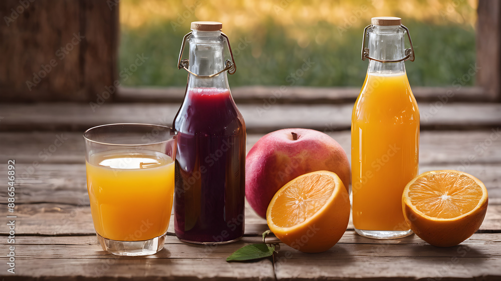 Glass bottles of various fruit juices. Glasses of fresh organic vegetable and fruit juices. Glass bottles of various fruit juices. Glasses of fresh organic vegetable and fruit juices.