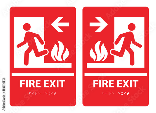 Fire Exit Braille Sign. Red emergency fire exit sign. Running human figure and Emergency fire exit door. 
