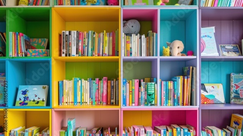 Child bookshelf filled with colorful picture books and stories