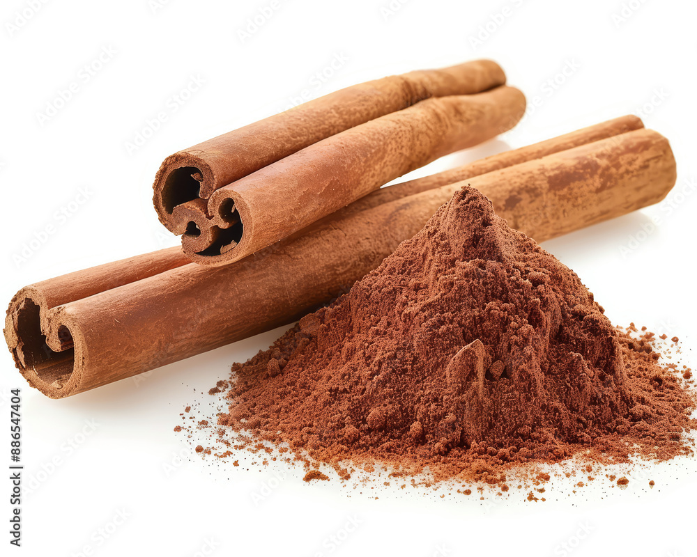 Cinnamon sticks and powder, isolated on white background Cinnamon sticks and powder, isolated on white background