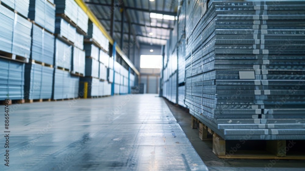 Stacked metal sheets in industrial warehouse Stacked metal sheets in industrial warehouse