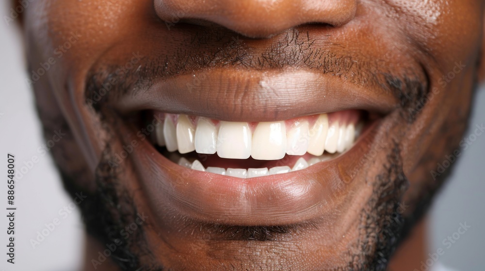 Perfect white teeth African American black man close up. Male toothy veneer smile. Dental care and stomatology Perfect white teeth African American black man close up. Male toothy veneer smile. Dental care and stomatology