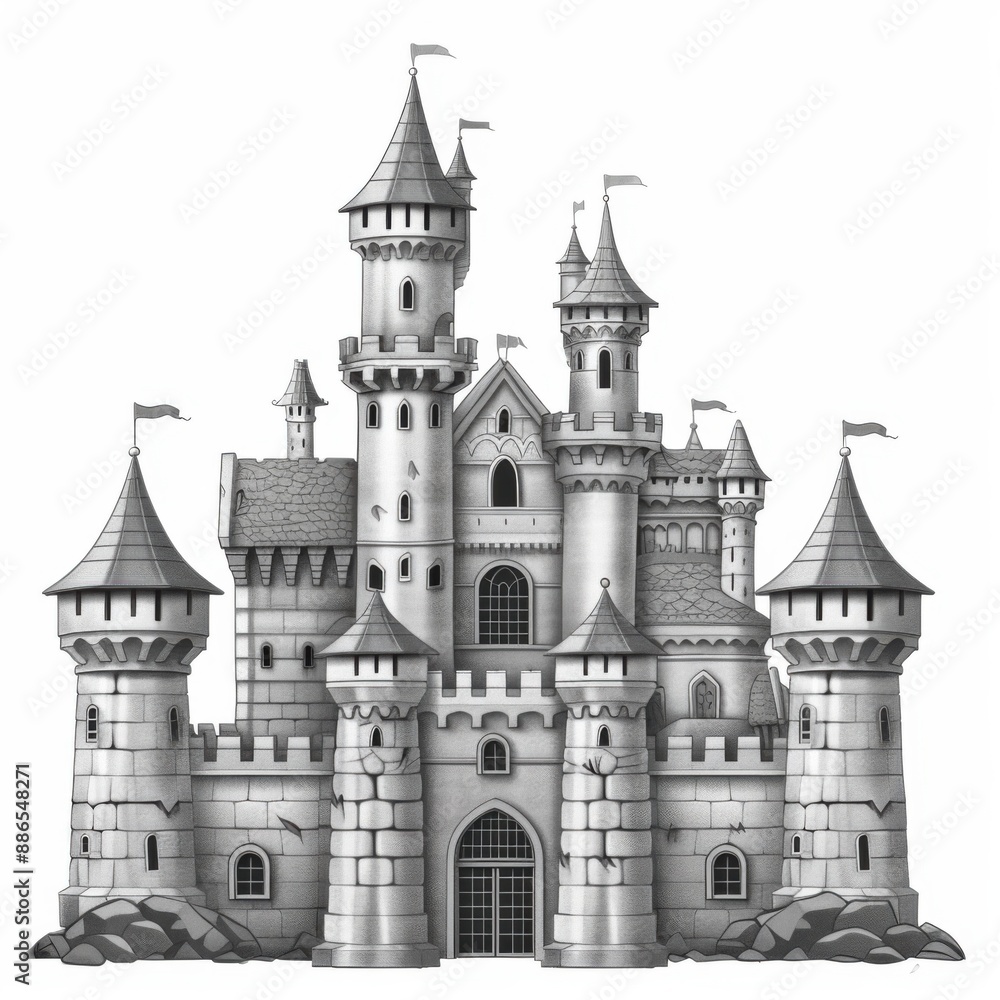 Intricately Detailed Ancient Castle Architecture Clipart in Grayscale Isolated on White Background Intricately Detailed Ancient Castle Architecture Clipart in Grayscale Isolated on White Background