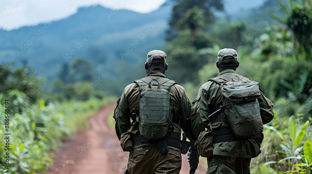 Rangers patrolling a protected forest, protection, wildlife conservation Rangers patrolling a protected forest, protection, wildlife conservation