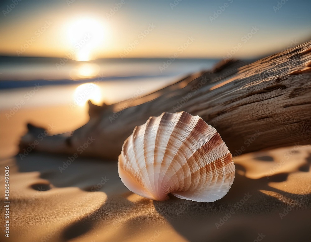 Still life with a Seashell Sheltered by Driftwood on Beach Still life with a Seashell Sheltered by Driftwood on Beach