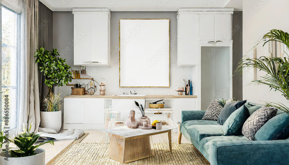 A beautiful canvas frame 3D mockup in modern living room, bed room, kitchen, bathroom interior, A beautiful canvas frame 3D mockup in modern living room, bed room, kitchen, bathroom interior,