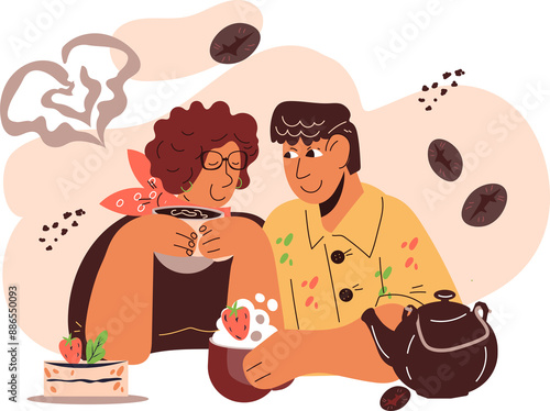 Couple dating at cafe and drink coffee, flat  illustration. Man and a woman are sitting at a table, talking and drinking coffee. photo