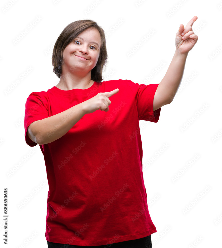 Young adult woman with down syndrome over isolated background smiling and looking at the camera pointing with two hands and fingers to the side. Young adult woman with down syndrome over isolated background smiling and looking at the camera pointing with two hands and fingers to the side.